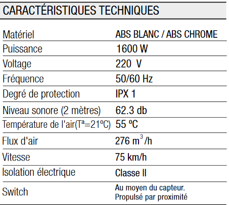 Caractéristiques Sèche Mains Elegance 1600 ABS